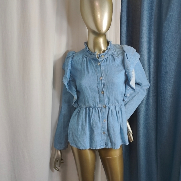 NWT Zara Women’s Denim Ruffles Blue Button Down Shirt - Picture 4 of 14